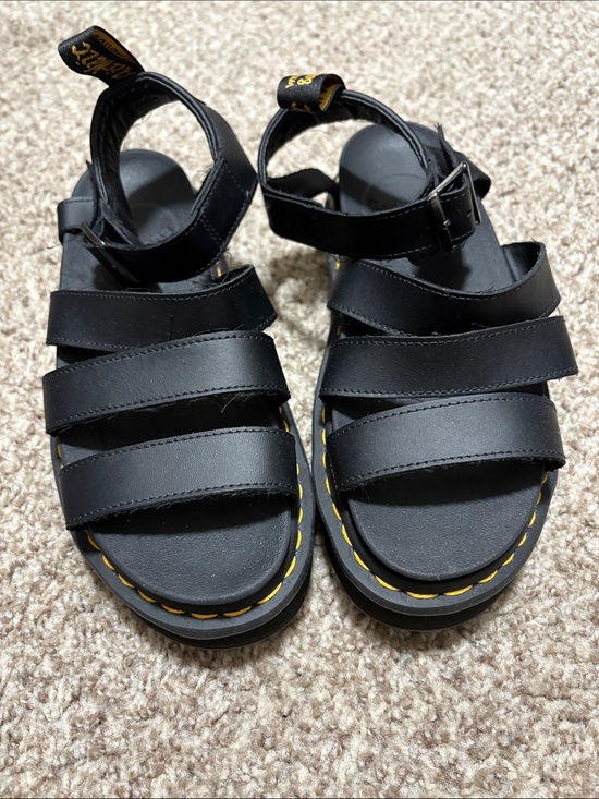 Dr. Martens Shoes - Dr. Martens Black Leather Platform Strappy Sandals with Yellow Stitching